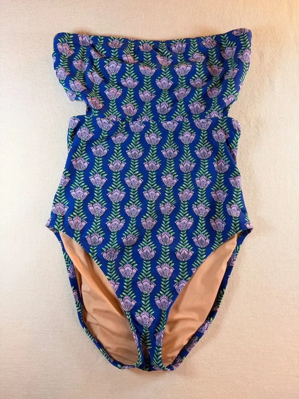 J.Crew Strapless One Piece Swimsuit Medium Blue Floral Block Print Bandeau